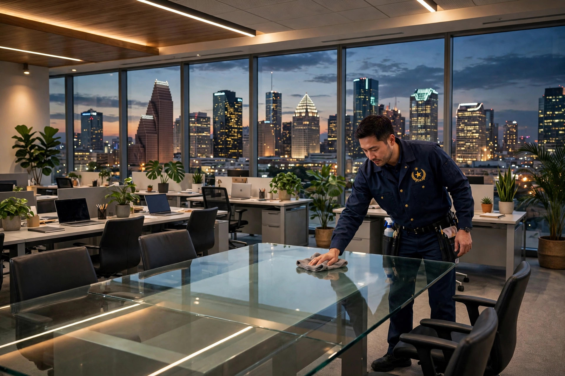 Cleaning crew at work in a Houston office building